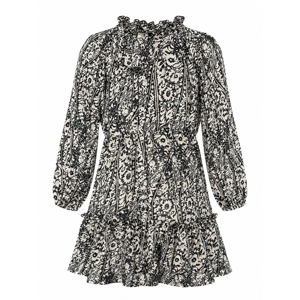 Made with Love Black White Paisley Floral Tiered Mini Dress Ruffle Neck LD3944 M